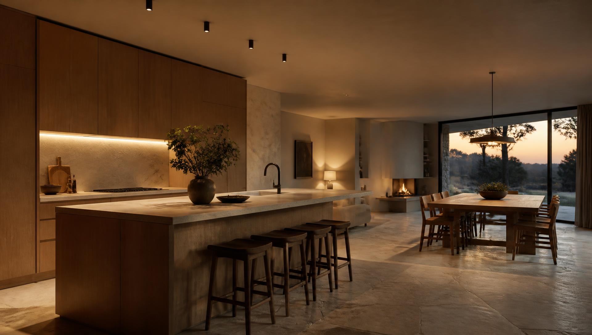 Warm open-plan kitchen and dining space with bespoke oak cabinetry at dusk