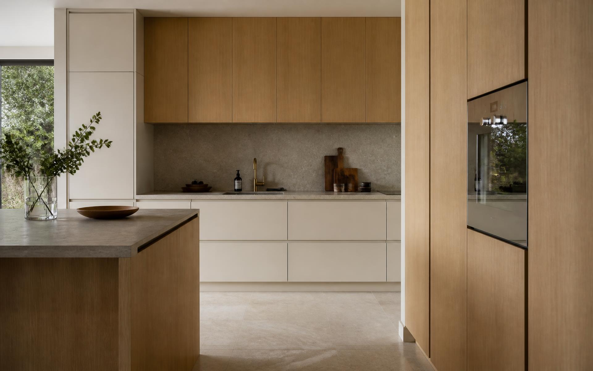 Bespoke fitted kitchen with oak veneer and painted cabinetry and a stone worktop
