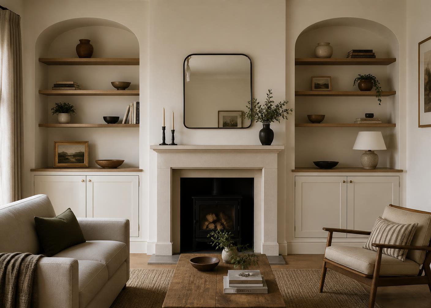 Bespoke alcove cabinetry and oak shelving in a living room