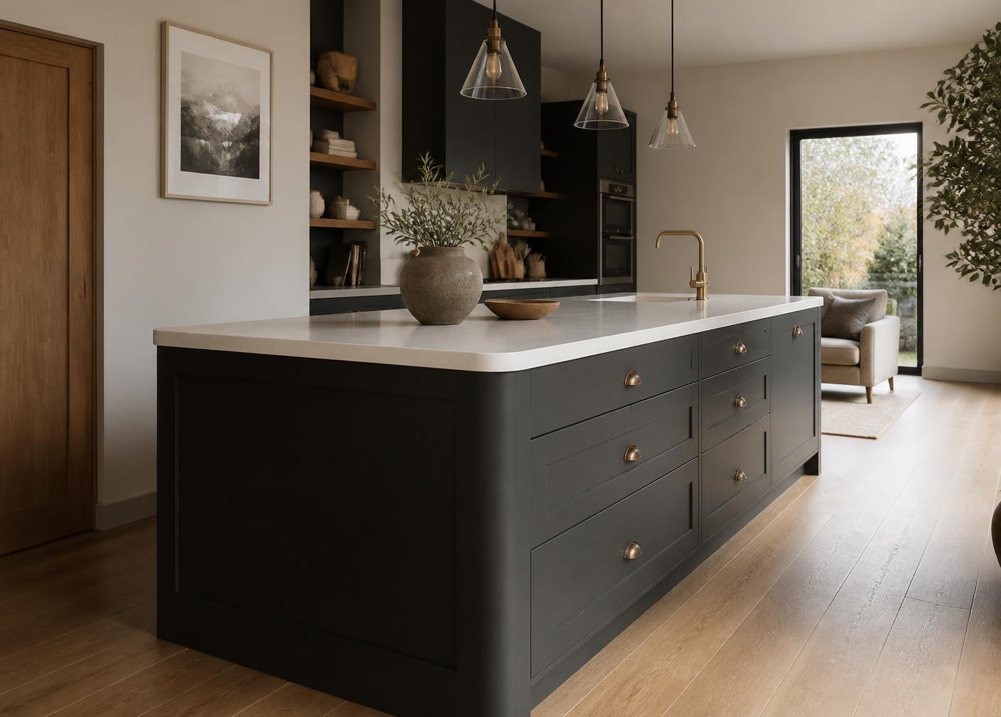 Dark painted in-frame kitchen island with pale stone worktop